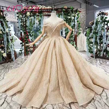 

AXJFU luxury princess beading crystal golden lace wedding dress vintage boat neck bride turkey sparkly ruffles wedding dress 881