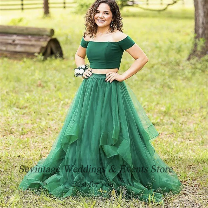 two piece emerald green prom dress