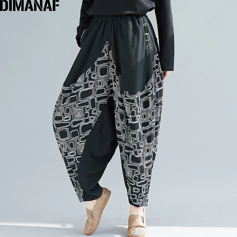 DIMANAF, женские штаны, брюки, панталоны, винтажные, хлопковые, в клетку, черные, женские шаровары, свободные, размера плюс, весна