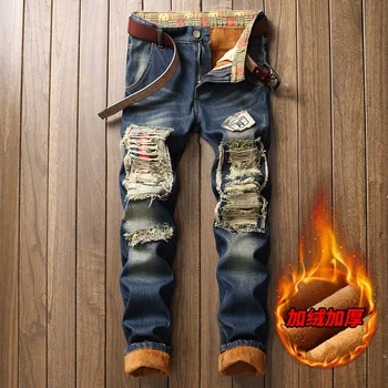 

Winter Warm Ripped Biker Embroidery Print Denim High Quality Jean Slim Fit Jeans Men Famous Brand Trousers Male Pants Straight