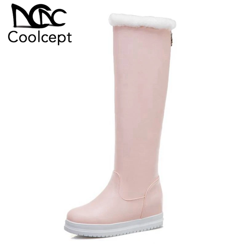 Coolcept/зимние сапоги до колена; женская обувь, увеличивающая рост; теплая плюшевая обувь на меху с круглым носком; однотонная Розовая обувь; большие размеры 34-43