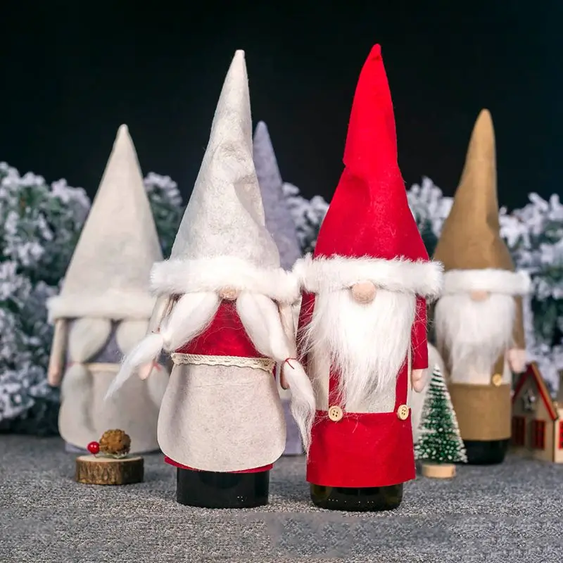 

Christmas Swedish Gnome Red Wine Bottle Cap Girl Santa Claus Hat Cover Faceless Doll Home Decoration X4YD