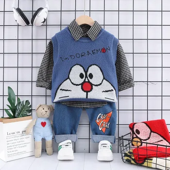 

Boys and girls'clothes Spring and Autumn Cartoon Sweater suit Double Knitting Vest Loose coat Outside service Three-piece Suite