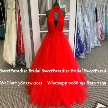 

Red Tulle Long Bridesmaid Dresses 2020 Sexy Keyhole Neck Sleeveless A Line Wedding Guest Dress Robe Demoiselle D'honneur