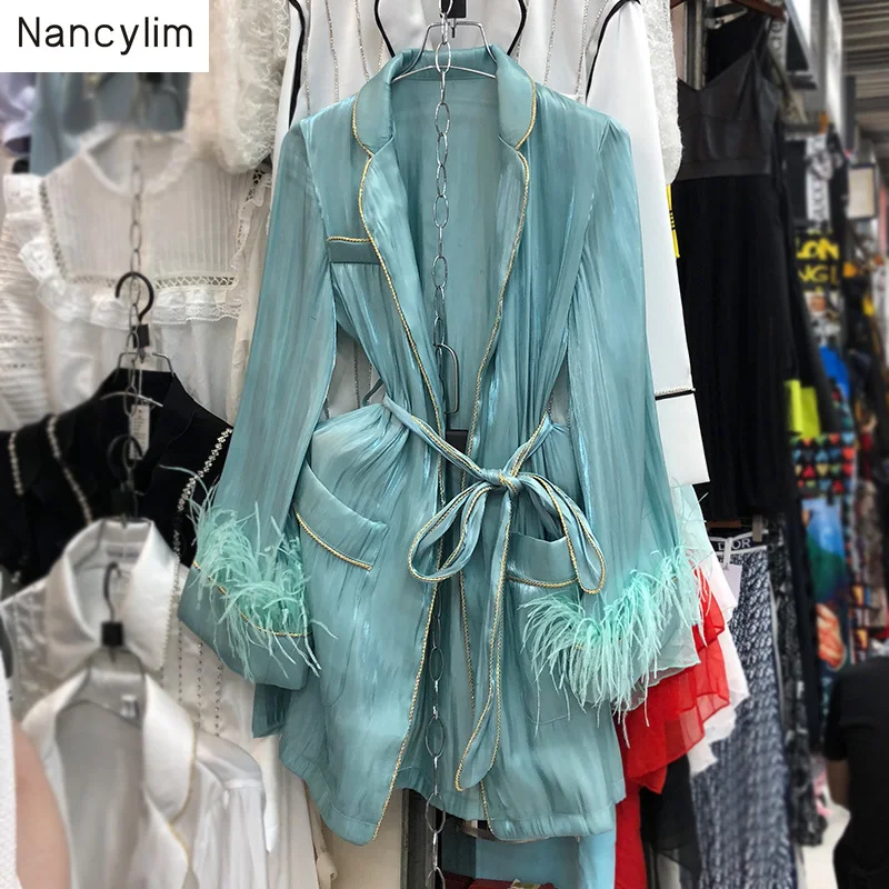 

Autumn 2019 New Fashion Long Shirt Woman Long-sleeved Loose Shirts with Feather Balt Waist Blouse Femme Leisure Home Blusas