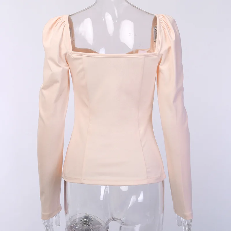 Blusa ajustada con manga abombada para mujer, camisa sexy con cuello en V, color liso, Estilo vintage, 2019