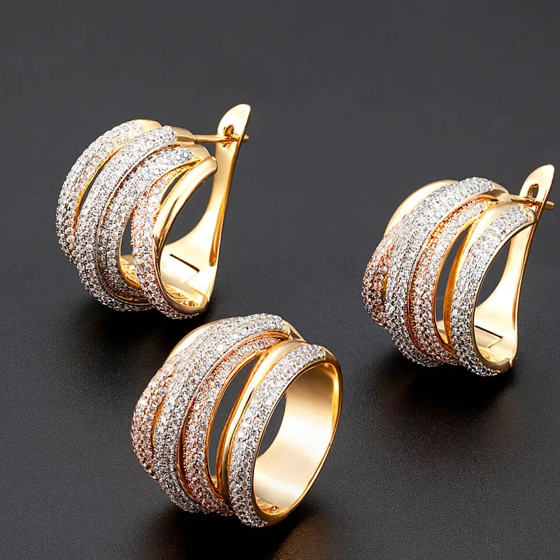 

Zlxgirl jewelry Brand AAA cubic zircon earring ring of wedding jewelry sets mixed palted color copper Ears anel sets