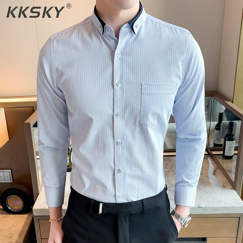 

Men's Long Sleeve Shirt Dress Spring Business Striped Shirt Classic Fine Plaid Shirt Autumn Youth Shirt 2019 Autumn For Homme