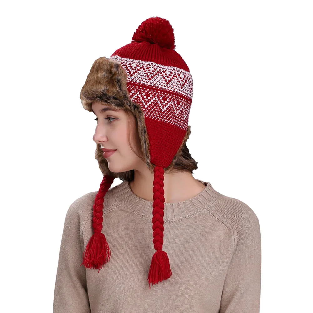 Men Women Warm Winter Knit Beanie Hiphop Cap Hat with Ear Flaps Snow Ski Thick Knit Wool Beanie Cap Hat