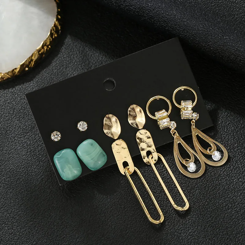 6 pairs/set trendy punk golden geometric metal statement earrings for women ethnic boho acrylic rhinestone wedding | Украшения и