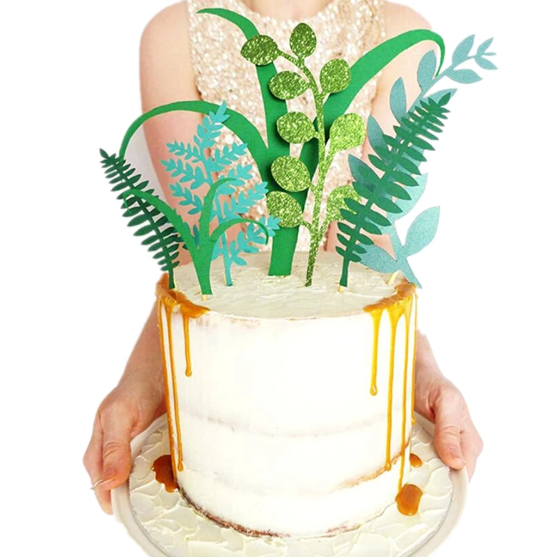 

Glitter Nature Green Plant Cake Toppers Laser Cupcake topper Jungle Party Birthday Baby Shower Cake Flags Decorating Supplies