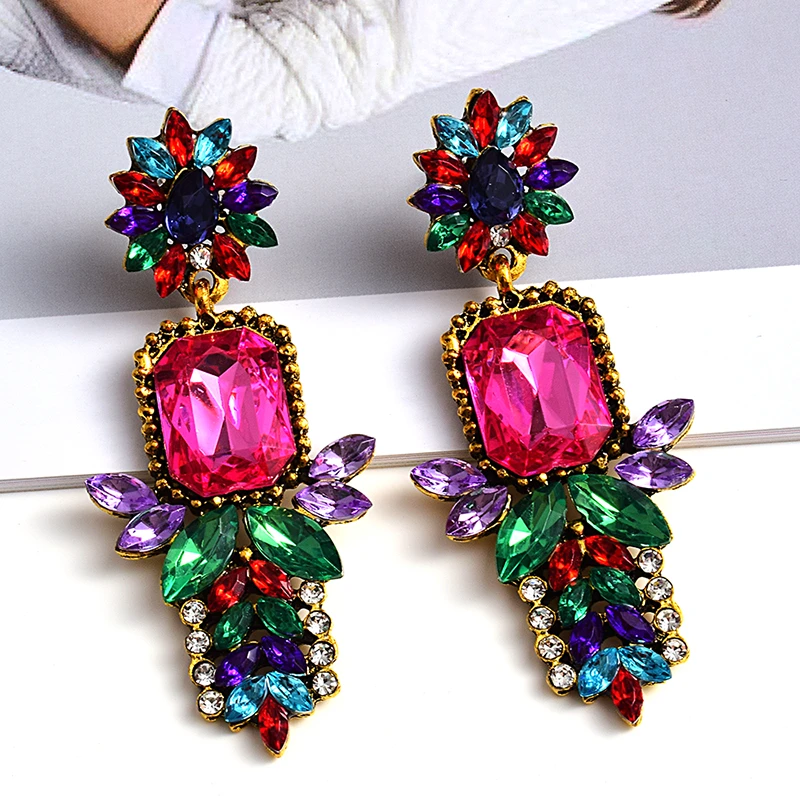 Pendientes largos de Metal de alta calidad mujer, aretes de cristal colorido, diamantes de imitación, de joyería, venta al mayor, nuevo diseño|Pendientes con forma de - AliExpress