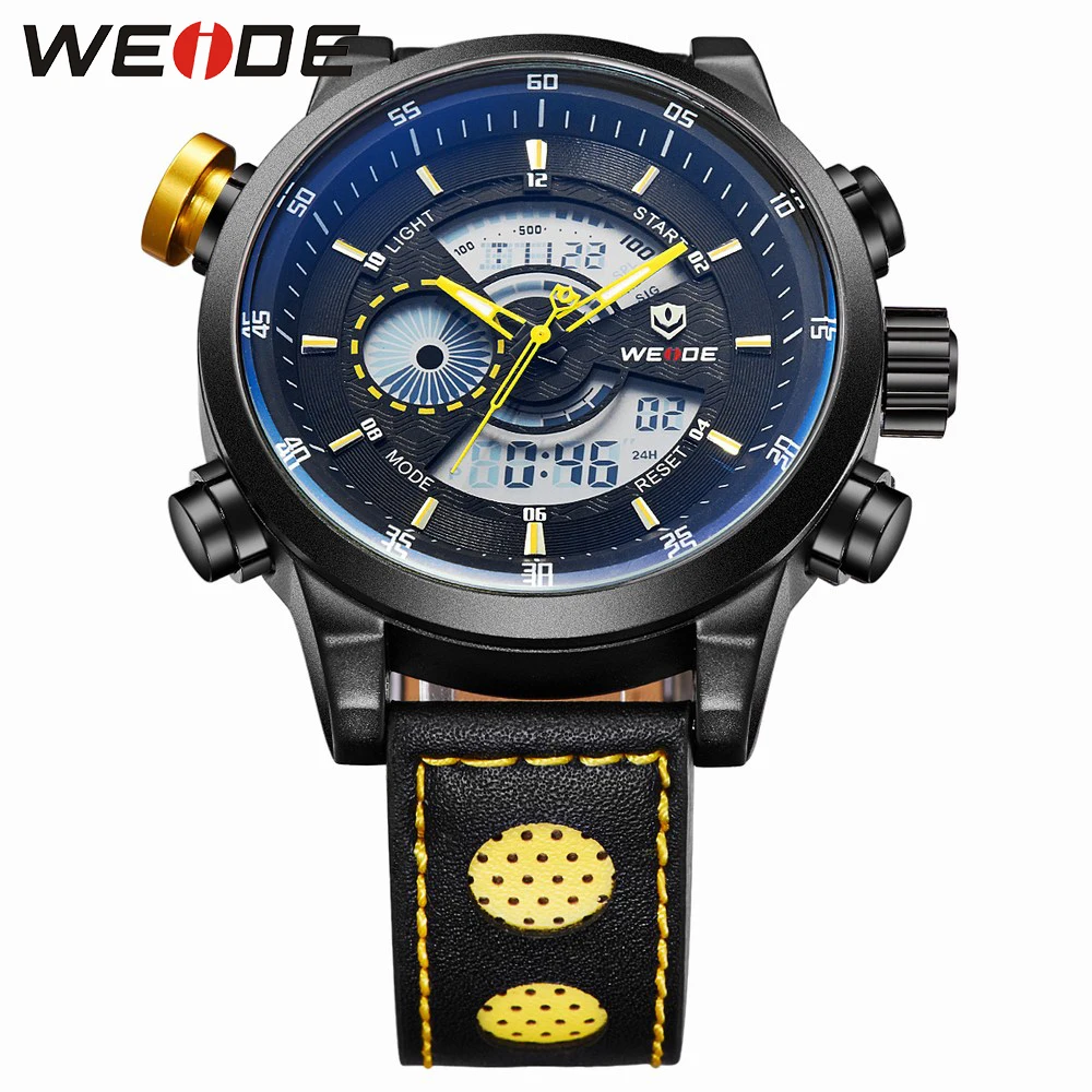 Мужские кварцевые часы WEIDE роскошные спортивные с двойным дисплеем кожаным