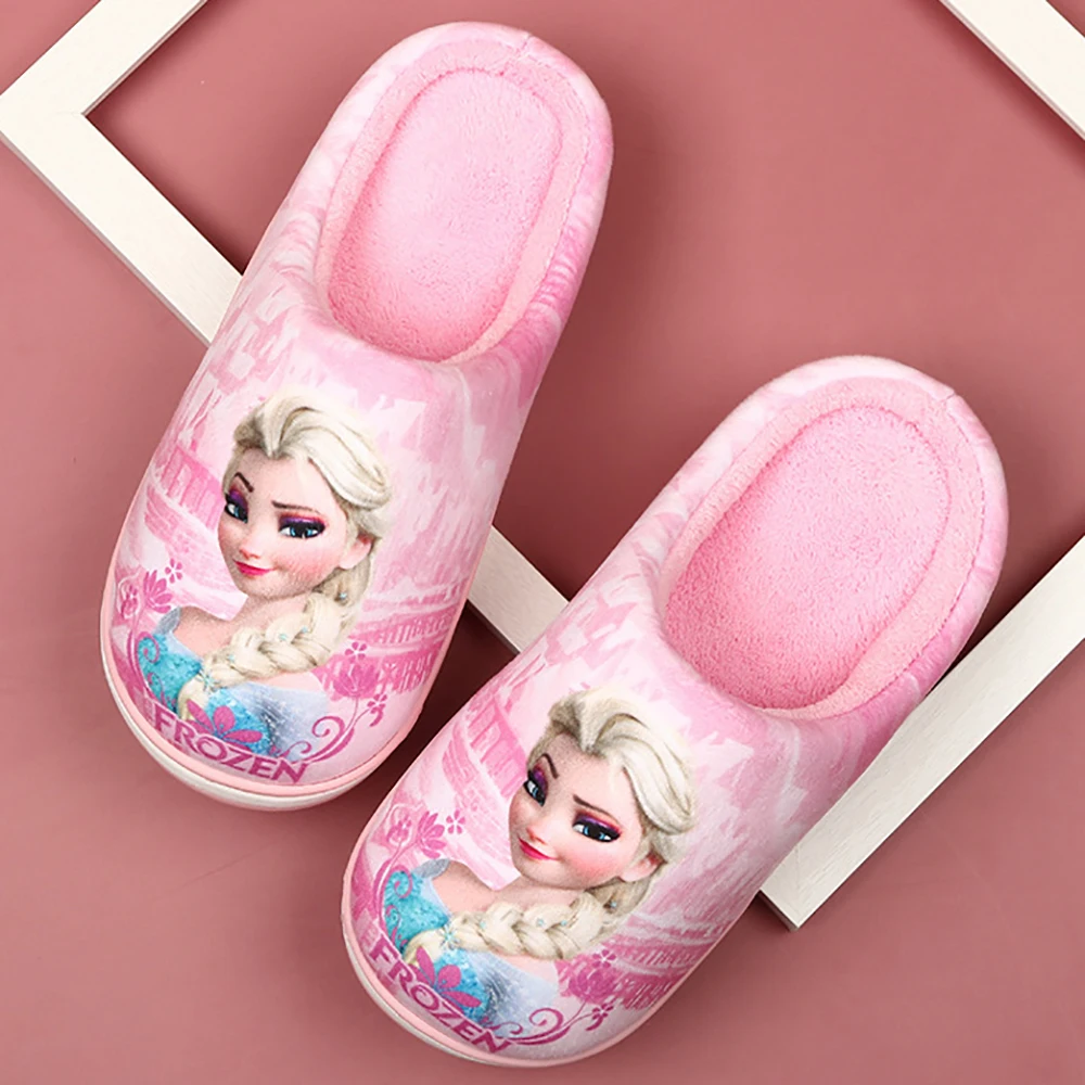 Disney Cartoon Girls Kids Cute Winter Home Slippers For Baby Child Frozen Elsa Queen Prints Casual Nonslip Indoor Flat Shoes New