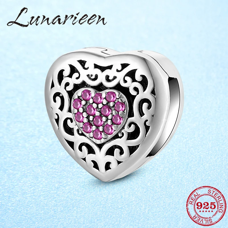 

925 Sterling Silver Deep Pink CZ Openwork Pattern Clip Beads Fit Original Reflection Charm Watch Bracelet Jewelry Accessories