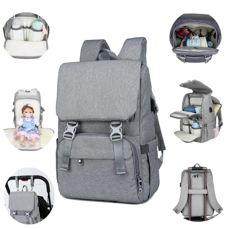 

Cross Border New Style Mummy Backpack Multi-functional USB Large-Volume Diaper Bag Mommy Bag Multi-functional Large-Volume