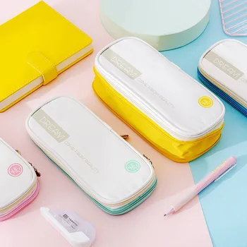 

Kawaii Pencil Case Macaron Color Canvas zipper Double Layer Big Pencil Box Cute Pencilcase Kids School Japanese stationery