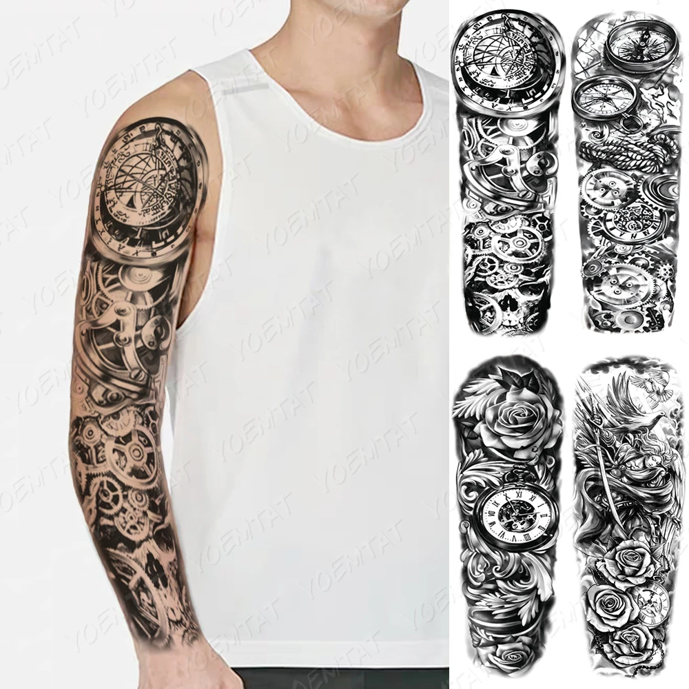 Prix Tatouage Bras Complet Homme Tatouage Temporaire Étanche, Bras Complet, Autocollant, Boussole,  Équipement Mécanique, Flash, Rose, Art Corporel, Pour Homme Et Femme,  Grande Manche - Temporaire Tatouages - AliExpress