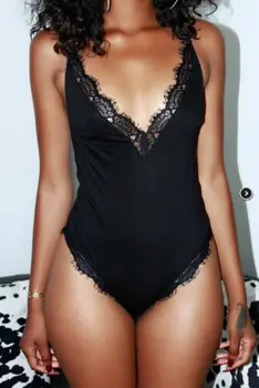 

Women Sexy Lingerie Black Cotton Lace Bodysuit Underwear Lace Babydoll Underwear Nightwear Sleepwear Tops