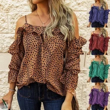 

2021 Ruffle Print Leopard Long Sleeve Top Elegant New Summer Sexy Round Neck Off Shoulder Women's Top Women Clothing Large Size