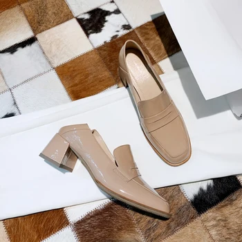 

Women Shoes Patent Leather Block Heel Loafers High Heels Flats Women Square Toe Footwear Cow Leather Shoes Female Slip On Shoes