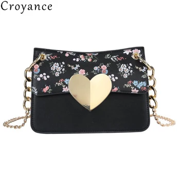 

Croyance Ladies Casual Love Heart Crossbody Handbags Women PU Leather Small Chain Shoulder Bags Spring Flower Printed Purse