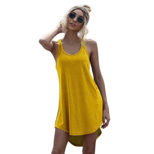 Solid Casual O-neck Sleeveless Tank Dress Women Loose Off Shoulder Asymmetrical Cotton Mini Dress Summer Y2K Vestidos Streetwear 1
