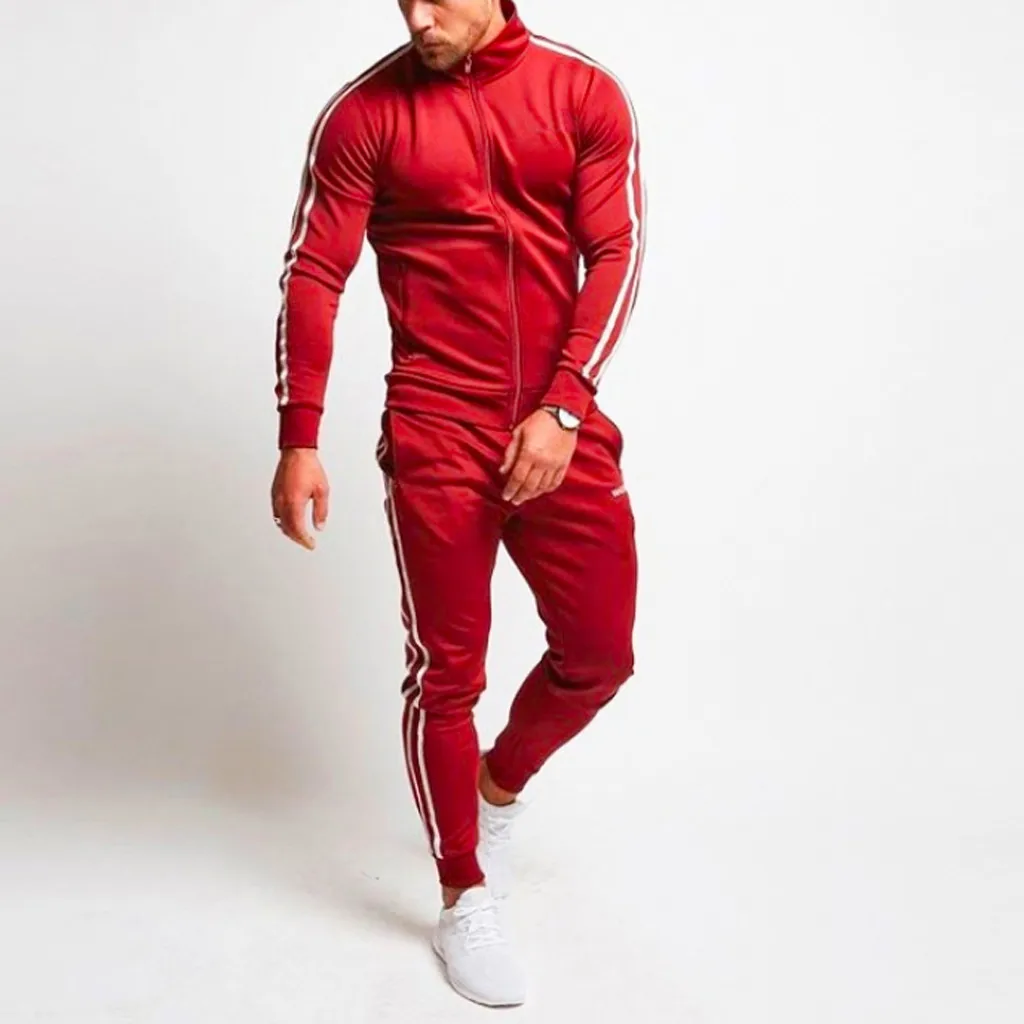 Stripe Fitness Men's Sportswear Autumn Zipper Print Sweatshirt Jacket Slim Fit Pants Sets 2 Pieces Sets Tracksuit chandal hombre