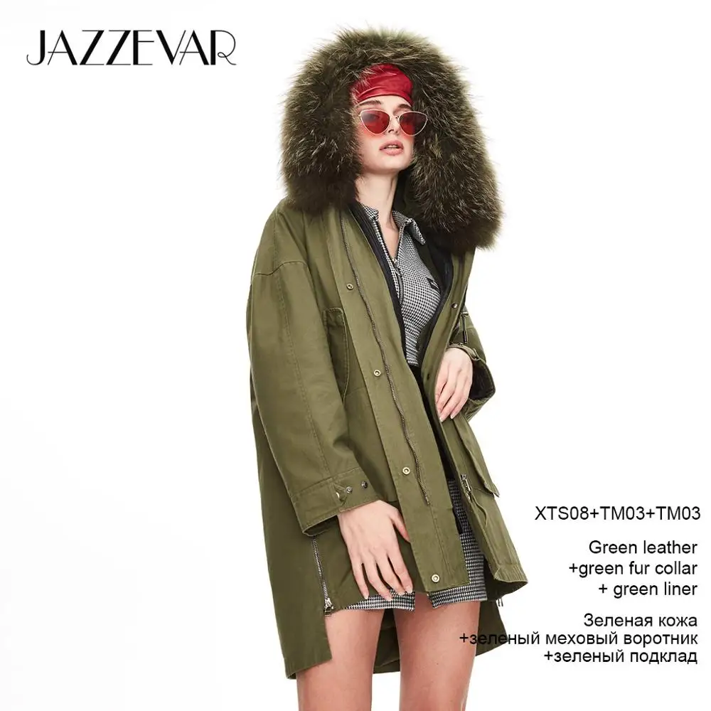 green coat green fur JAZZEVAR Зимнее новое поступление женское пальто высокое качество средней длины новая модная стильная парка с натуральным мехом теплое женское зимнее пальтоK9036 - Цвет: green coat green fur