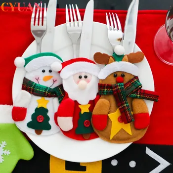 

4pcs Christmas Decoration Knife Fork Holder Bag Snowman Elk Santa Claus Cutlery Bags Navidad Christmas Table Decorations Kerst