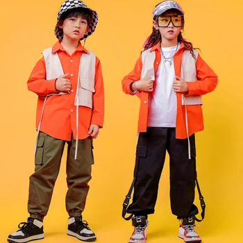 

Hip Hop Costumes Kids Modern Boys Girls Orange Clothes Children Stage Performance Dancing Outfits Girls Jazz Street Dance Wear