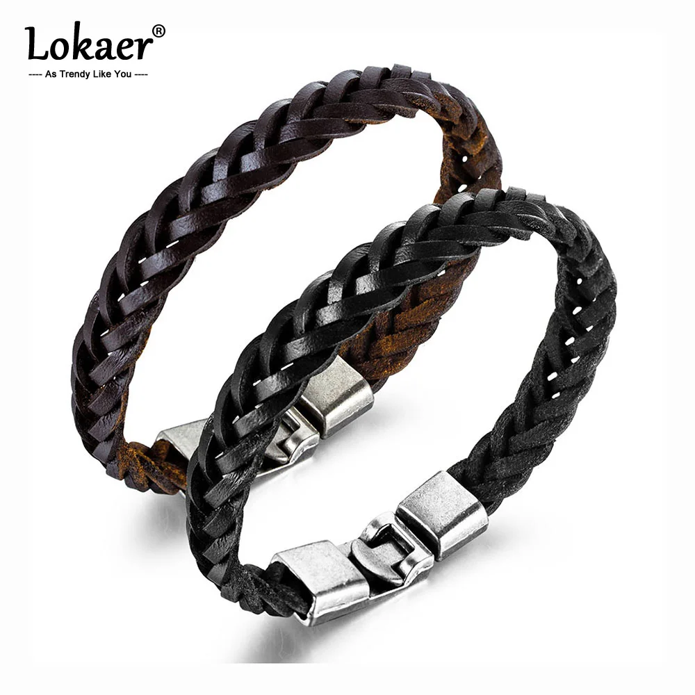 

Lokaer Punk Design Titanium Steel Men's Leather Wrap Bracelets Bangles Handmade Knitted Chain & Link Bracelets Jewelry OPH1353