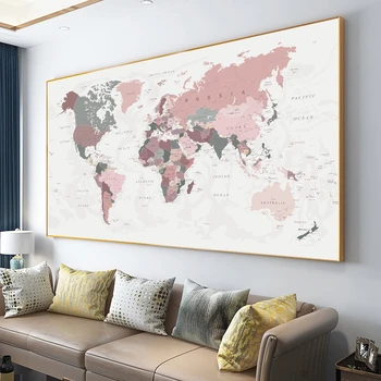 Cartel del mapa del mundo impreso colores rosa cuadro sobre lienzo para pared tamaño grande cuadro de pared para sala de estar decoración del hogar Cuadros sin marco