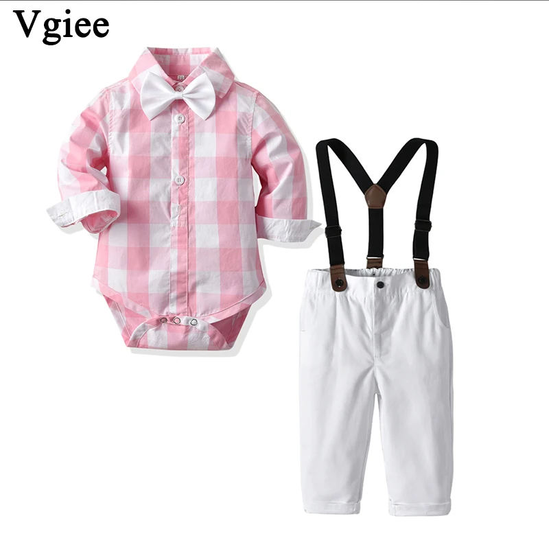

Vgiee Boys Set for Birthday Party Wedding for Casual Long Sleeve Pink White Plaid Kids Baby Clothes Children Set CC714