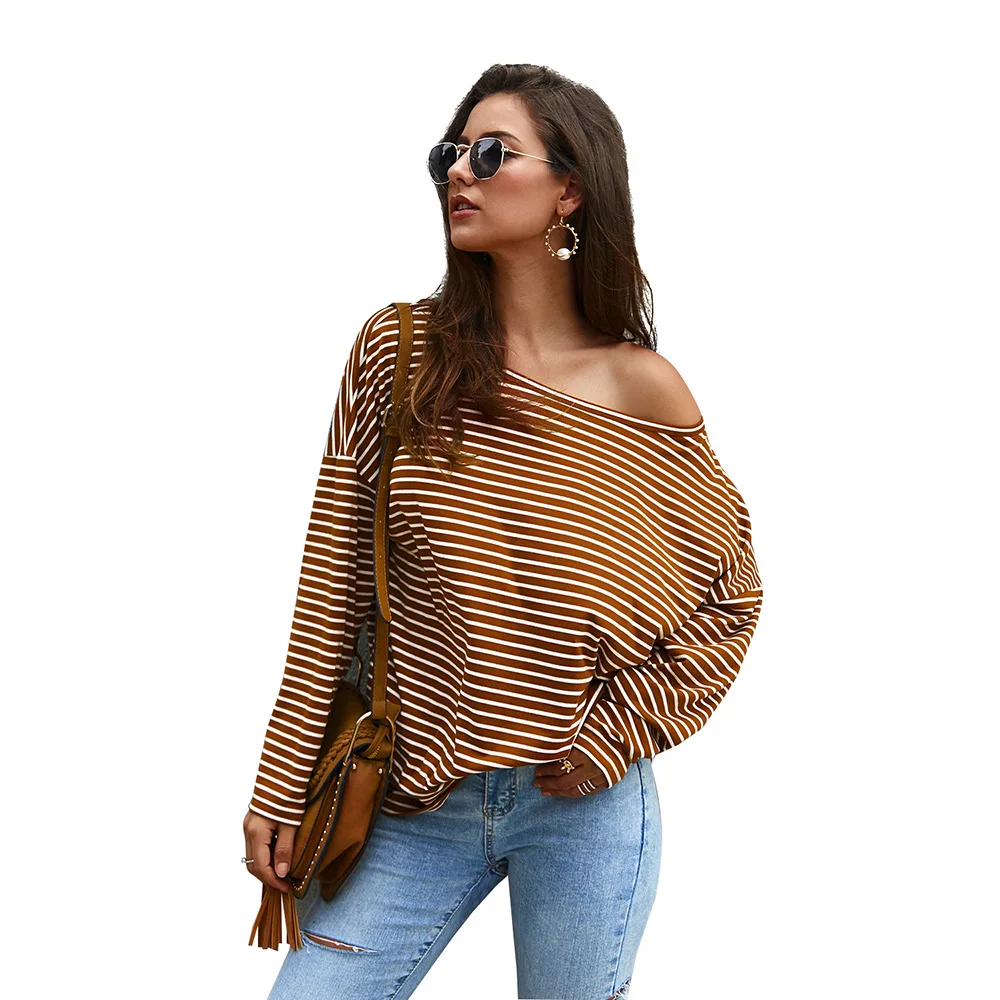 GUMNHU Womens Tops and Blouses Off Shoulder Top Boho Knitted O-Neck Streetwear Striped Femininas Elegante Long Sleeve Blusas