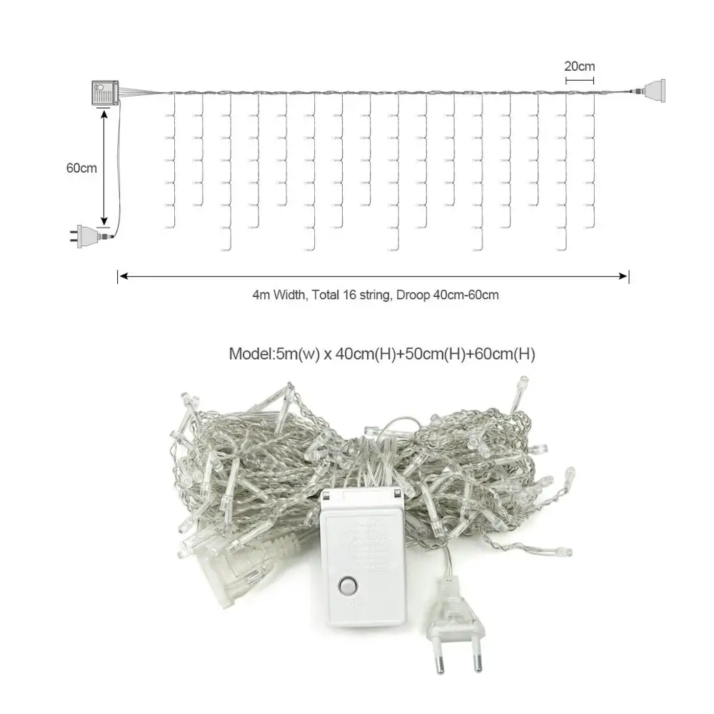 LED 크리스마스 조명 야외 드롭, 화환 커튼, 고드름, 스트링 조명, 정원 처마, 웨딩 파티 장식, 110V, 220V, 0.4-0.6m, 5m