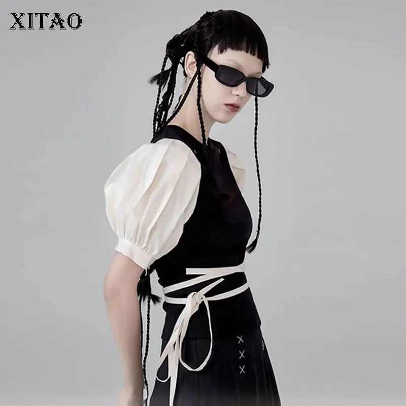 Футболка женская черная трикотажная с рукавами-фонариками и круглым вырезом |