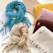 

Solid Color Fringed Scarf Women Knitted Tassel Shawls Knitted Scarf Solid Female Thicken Long Scarves 12 Color