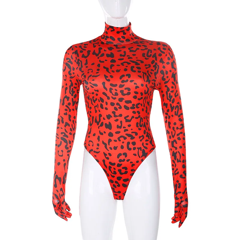 Винтажный красный Леопардовый принт Водолазка с длинным рукавом обтягивающее боди с перчатками осеннее сексуальное платье для вечеринки наряд бодикон боди Топ