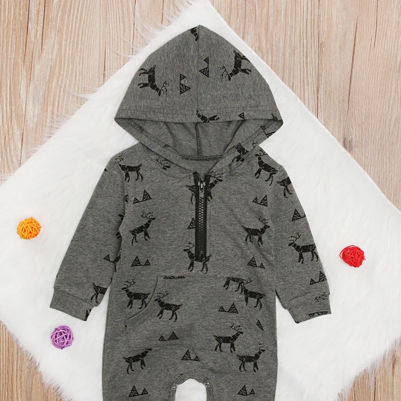 Одежда для новорожденных мальчиков от 6 месяцев до 3 лет комбинезон с капюшоном и рисунком оленя комбинезон с длинными рукавами и капюшоном Новинка года