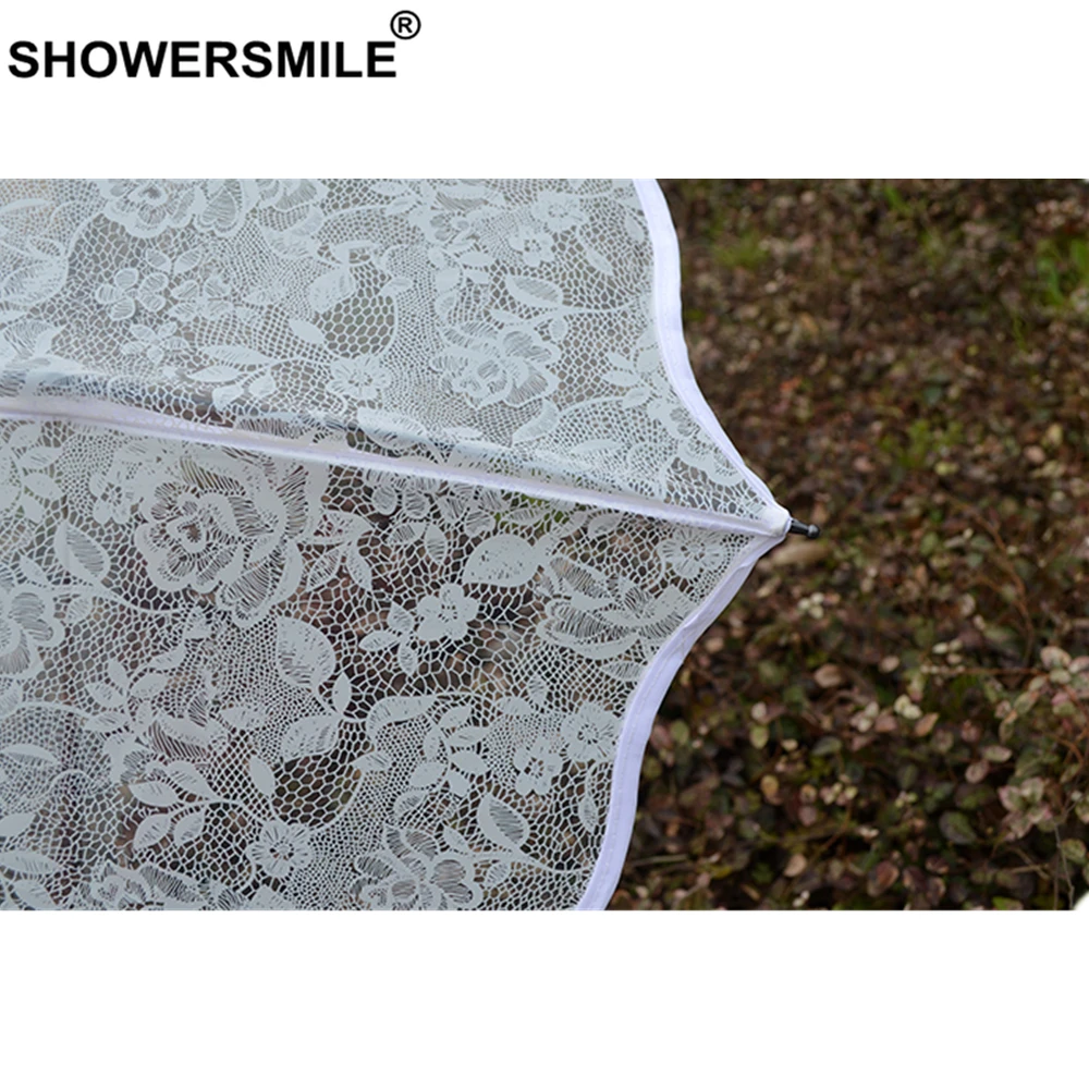 Cena SHOWERSMILE koronkowy przezroczysty parasol deszcz kobiety biały składany plastikowy jasny parasol ślubny długi uchwyt panie Guarda Chuva