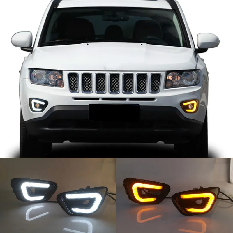 

2pcs Car LED Daytime DRL Running Light White+Yellow Side Turning Light Fog Lamp for Jeep Compass 2011 2012 2013 2014 2015 2016