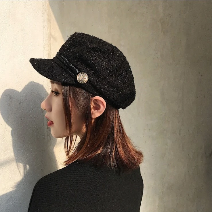 New women hats Tweed plaid newsboy caps chain flat top visor cap vintage plaid military cap female autumn winter hats