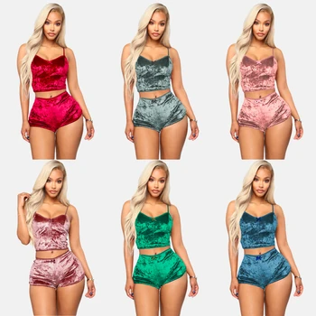 

Women Sexy set New Women's Fashion Solid color Two-Piece sexy Lingerie Outfit Strap Crop Top with Shorts Nightwear Set