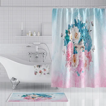 

Flowers shower curtain with hooks fabric 3d bath curtain shower curtains waterproof bathroom curtain Or mat
