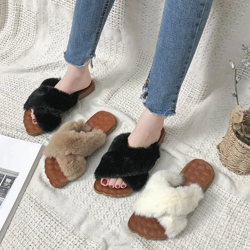 

Shoes Without Heel Luxury Slides Women's Slippers 2019 Socofy Lady Low Pokemon Plush Flat Designer New Soft Girl Fur Summer