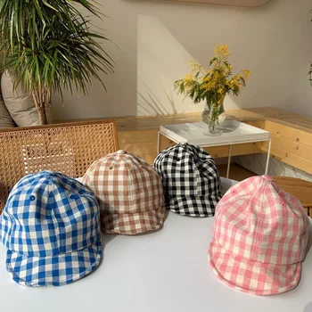

3528 New Baby Boys and Girls Hat Children's Photography Props Children's Little Plaid Baseball Hat Big Edge Sun Shading Cap