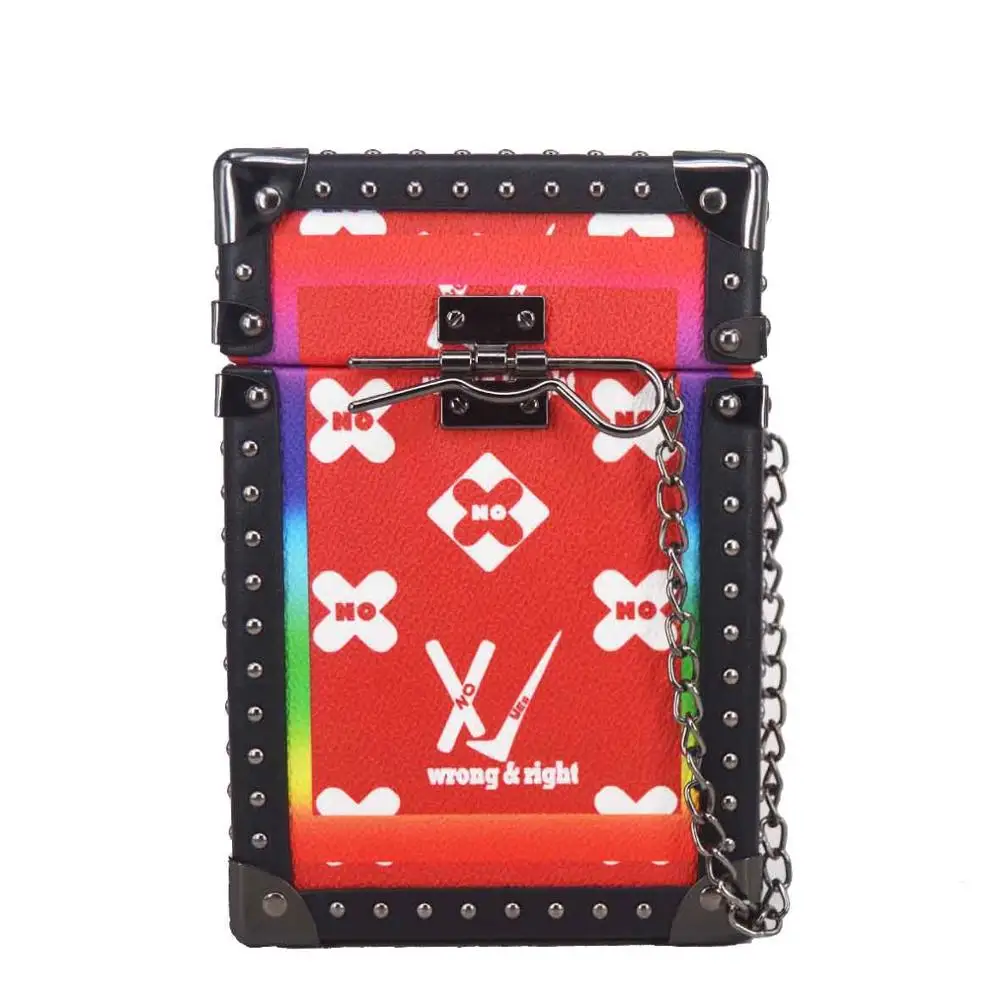 

Luxury Red Box Bags Rivet printing metal Lock Women Purse Chain Shoulder Bags Female Handbags F6690