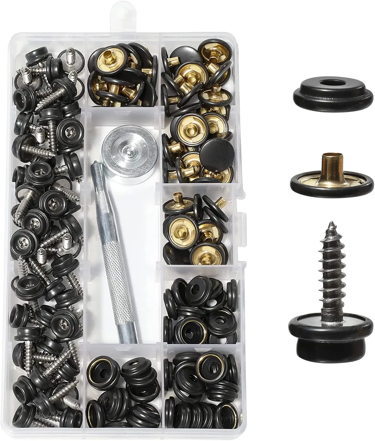 150PcsScrewSnapsFastenerKitToolMarineGradeStainlessSteelBlack
