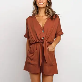 

Women's Playsuits Spring Summer Solid Color Knotted Waist Romper Fashion Casual V-neck Short-sleeved Playsuits with Pockets